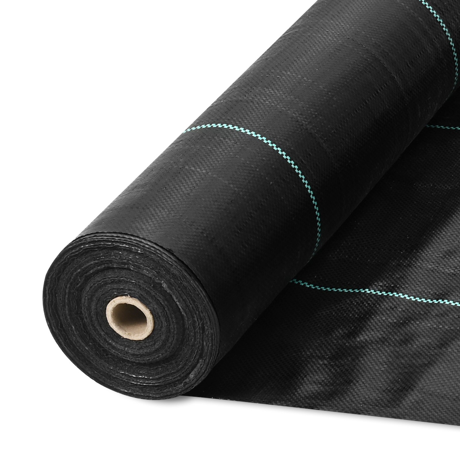Rollo de tela protectora contra malas hierbas VEVOR negra con líneas azules para jardinería y paisajismo.