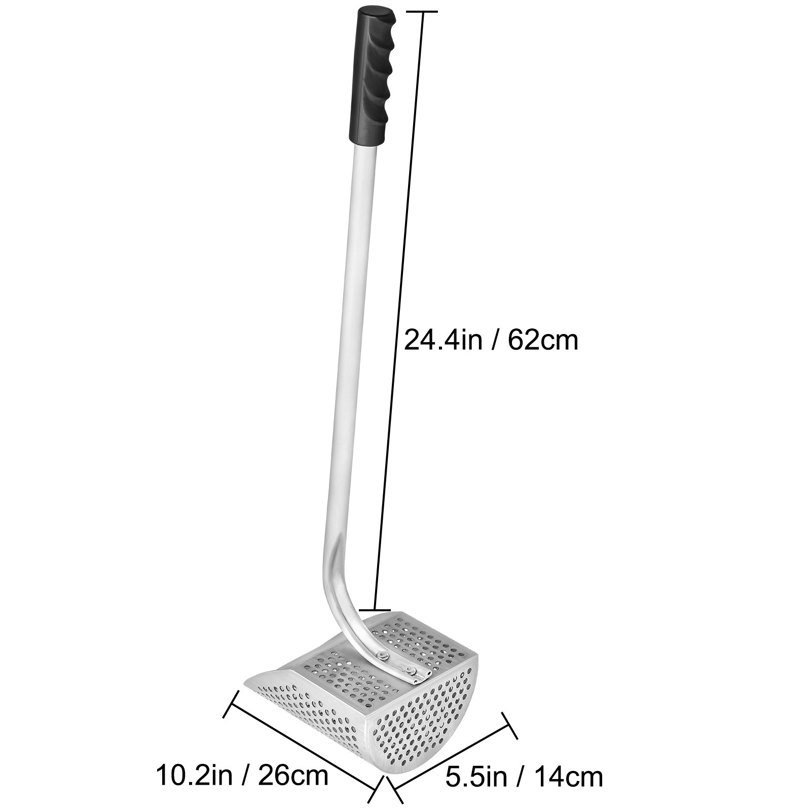 Pala de arena para detector de metales VEVOR con medidas: mango 24,4 pulgadas, pala 5,5 pulgadas x 10,2 pulgadas.