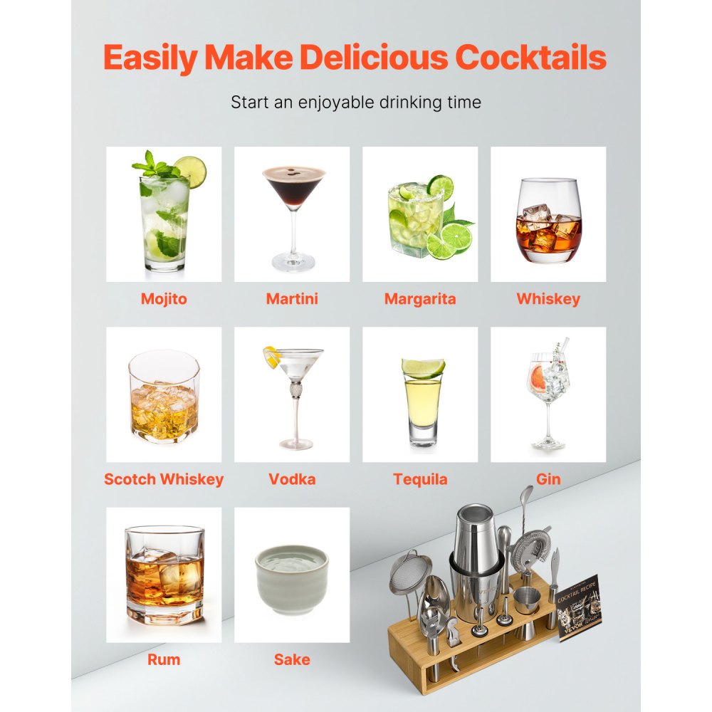 Juego de coctelera VEVOR, 13 piezas de acero inoxidable con soporte de bambú, accesorios para el kit de barman Boston | Cuchara mezcladora, machacador, medidor, colador, vertedor de licor, cucharón para hielo y rallador de limón