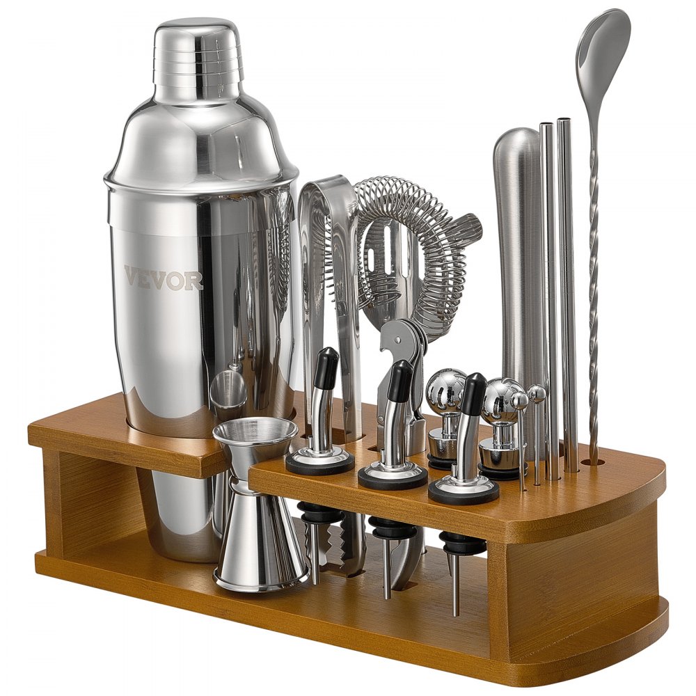 Juego de coctelera VEVOR, 18 piezas de acero inoxidable con soporte de bambú, accesorios para barman de Martini | Cuchara mezcladora, mortero, medidor, colador, vertedor de licor, pinza para hielo, sacacorchos, plateado