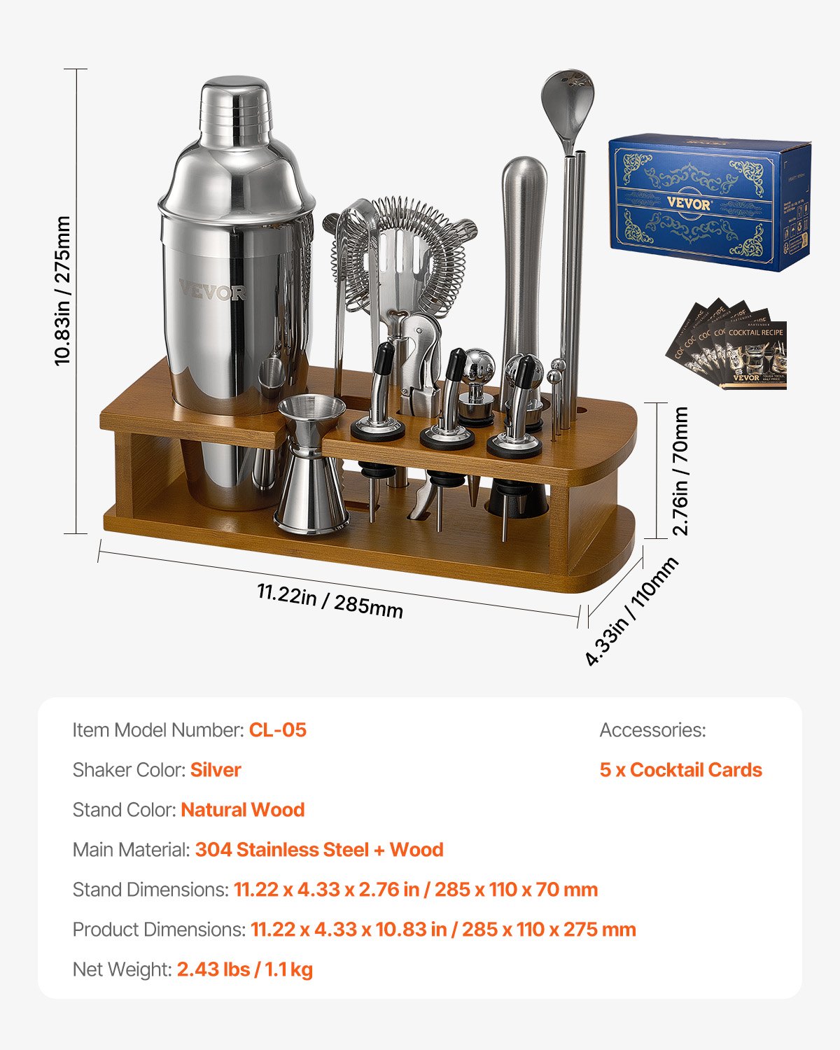 Juego de coctelera VEVOR, 18 piezas de acero inoxidable con soporte de bambú, accesorios para barman de Martini | Cuchara mezcladora, mortero, medidor, colador, vertedor de licor, pinza para hielo, sacacorchos, plateado