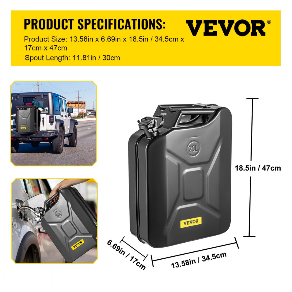 Bidón de combustible VEVOR, tamaño 20 l, 6,69 pulgadas x 13,58 pulgadas x 18,5 pulgadas, que se muestra montado en un todoterreno y mientras se reposta.