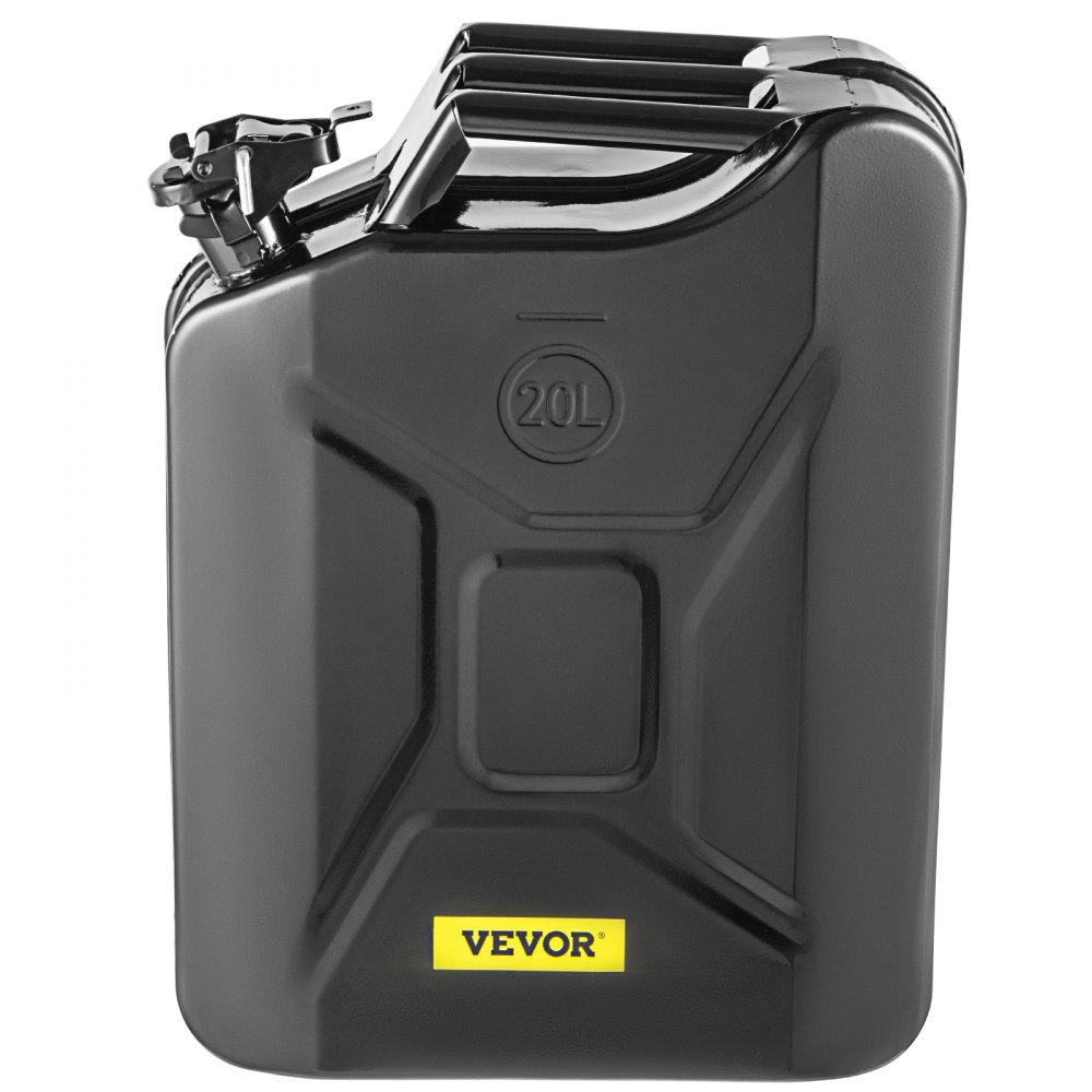 Bidón de combustible VEVOR negro de 20 l con logotipo VEVOR amarillo en el frente y tapa de metal segura en la parte superior.