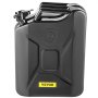 Bidón de combustible VEVOR negro de 20 l con logotipo VEVOR amarillo en el frente y tapa de metal segura en la parte superior.