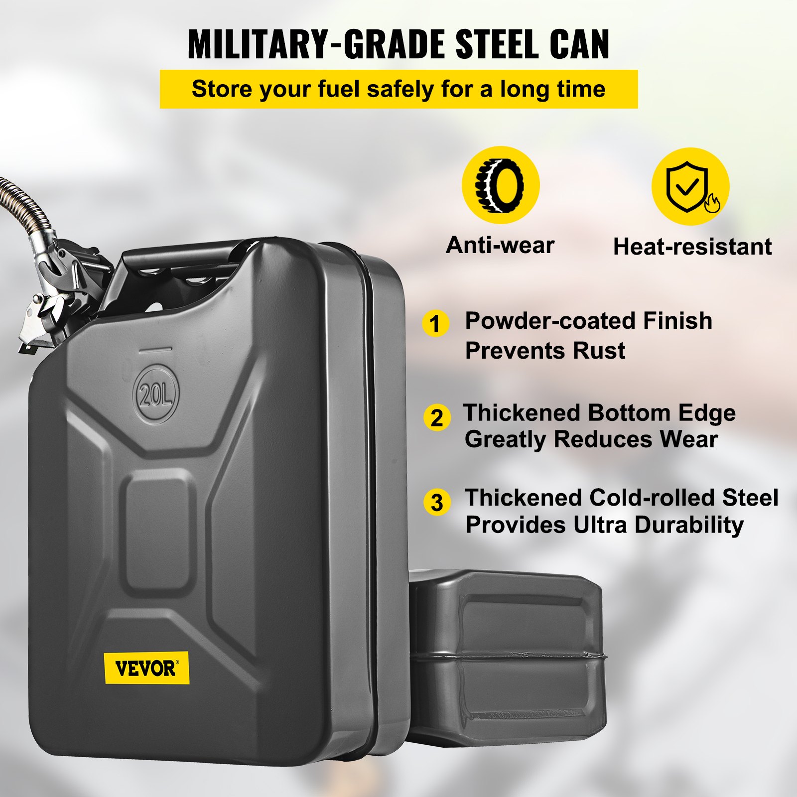 Bidón de combustible VEVOR, acero de grado militar, antidesgaste, resistente al calor, capacidad de 20 l, acabado con recubrimiento en polvo.