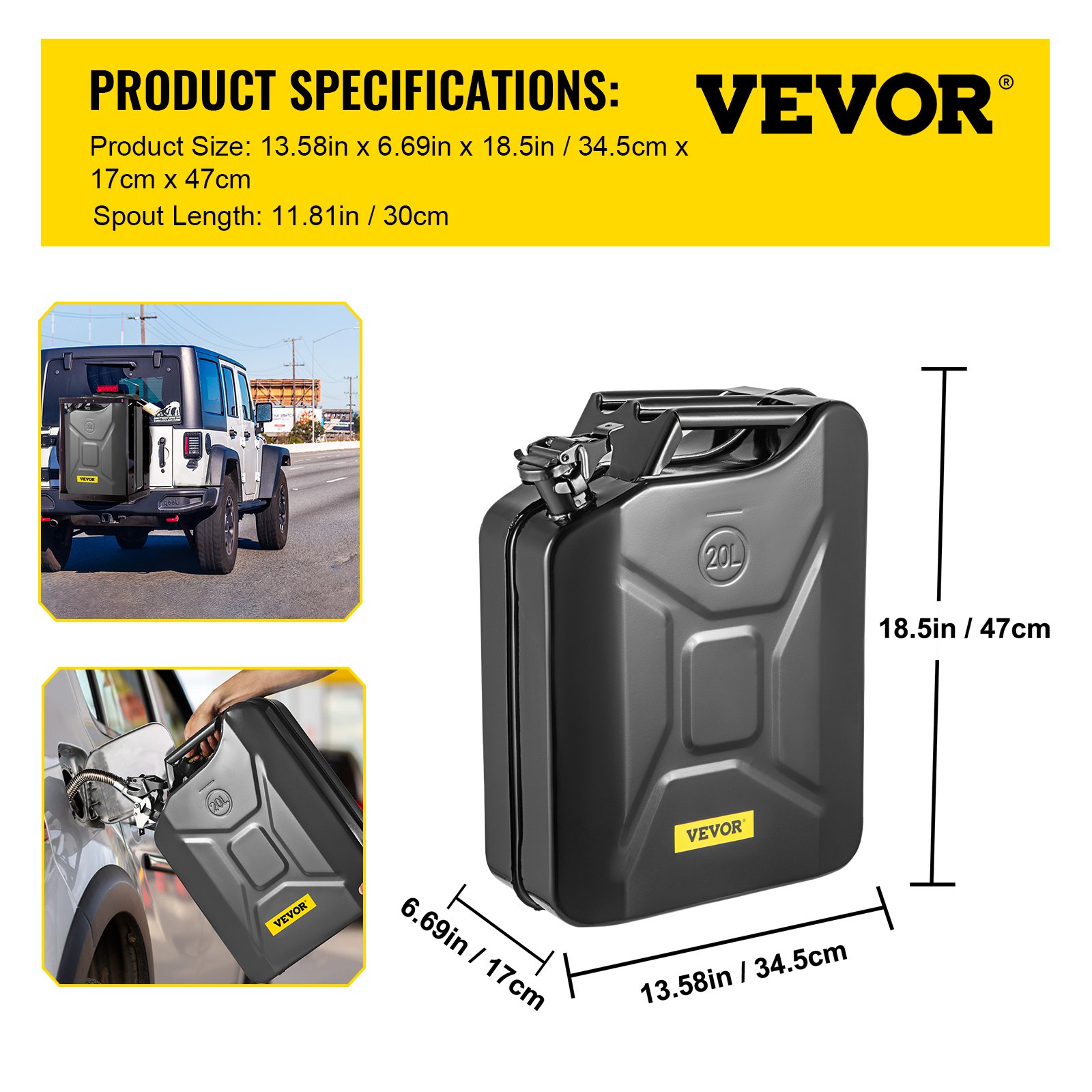Bidón de combustible VEVOR, tamaño 20 l, 6,69 pulgadas x 13,58 pulgadas x 18,5 pulgadas, que se muestra montado en un todoterreno y mientras se reposta.