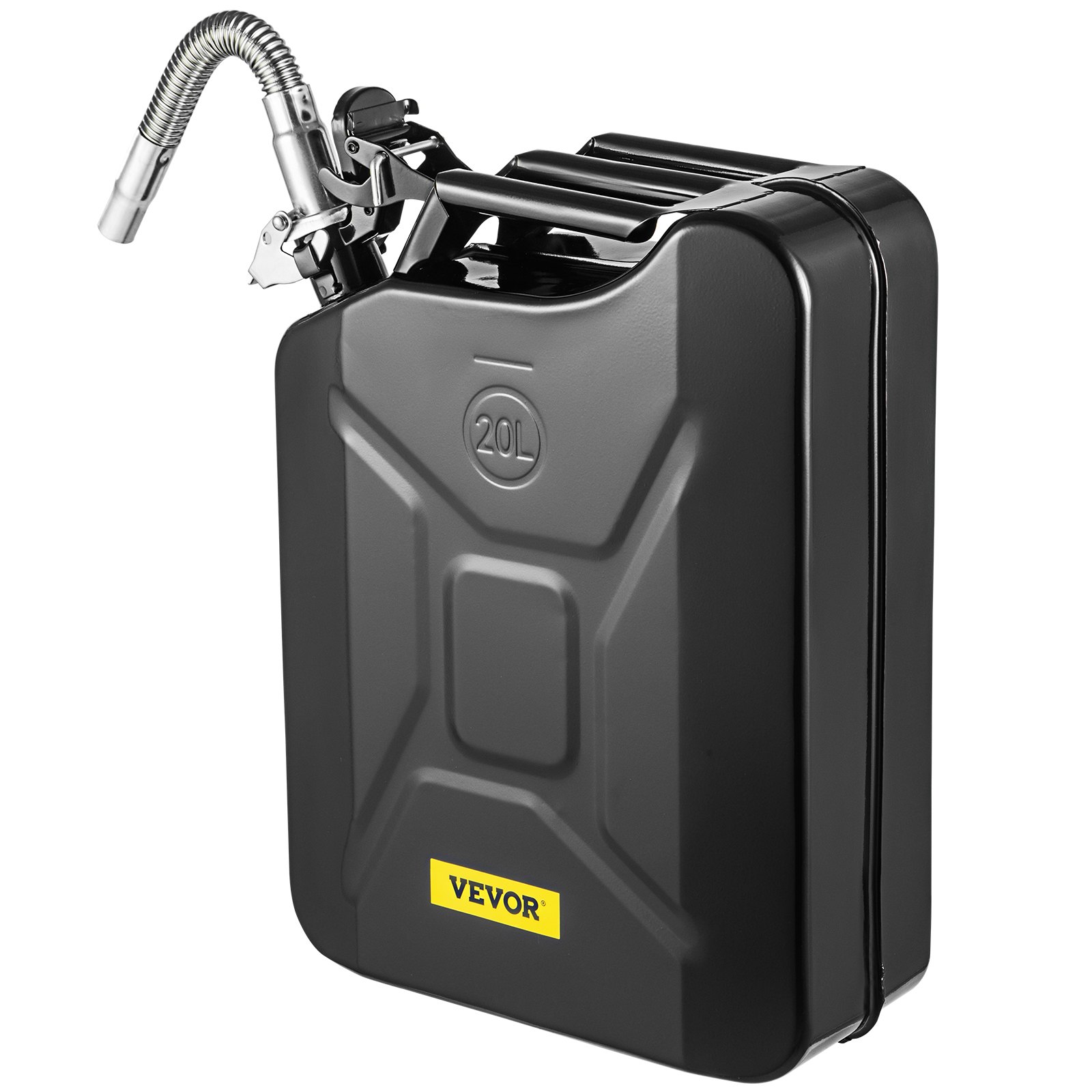 Bidón de combustible VEVOR negro de 20 l con pico y logotipo VEVOR amarillo, diseño resistente y duradero.