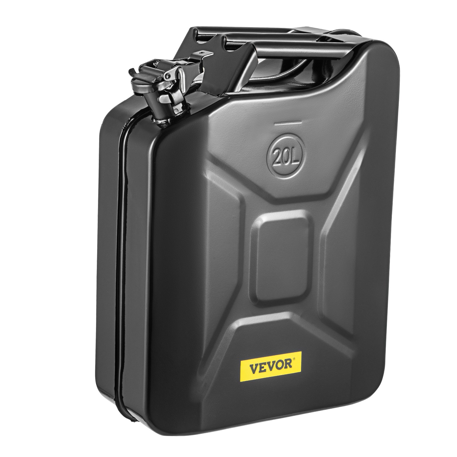 Bidón de combustible VEVOR negro de 20 l con tapa de cierre seguro y asa resistente para almacenamiento portátil de combustible.