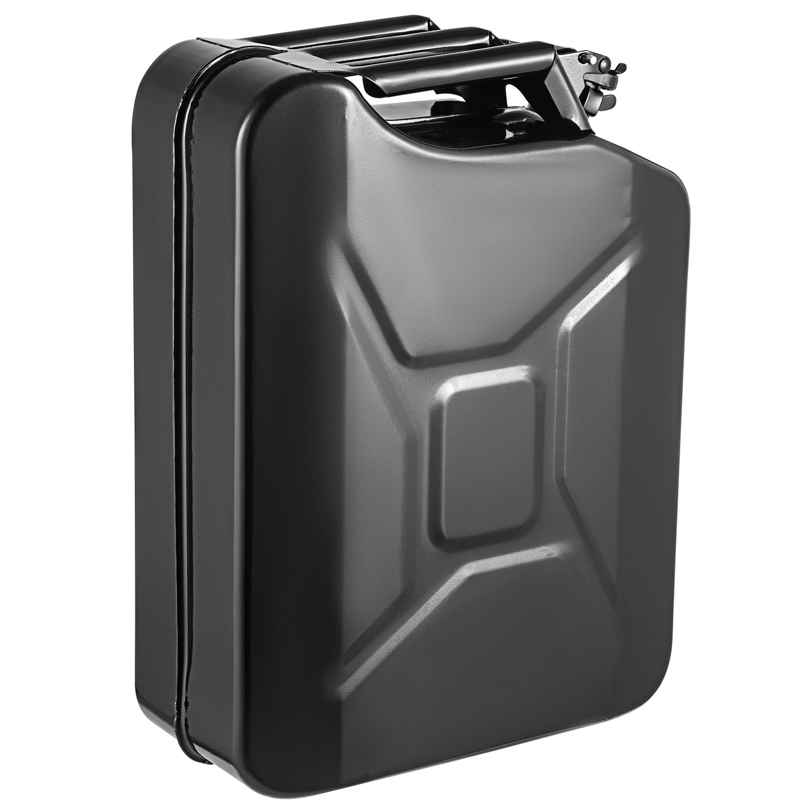 Bidón de combustible VEVOR negro con tapa y asa seguras, que resalta su robusta construcción de metal.