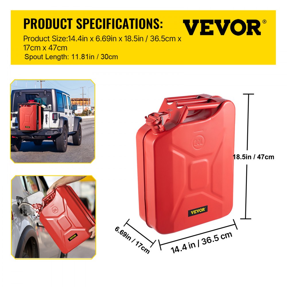VEVOR Bidón de Combustible Portátil Capacidad de 20 L, Bidón de Combustible con Sistema de Pico Flexible de Acero Inoxidable y Resistente al Calor, para Coches, Camiones y Equipos, Color Rojo