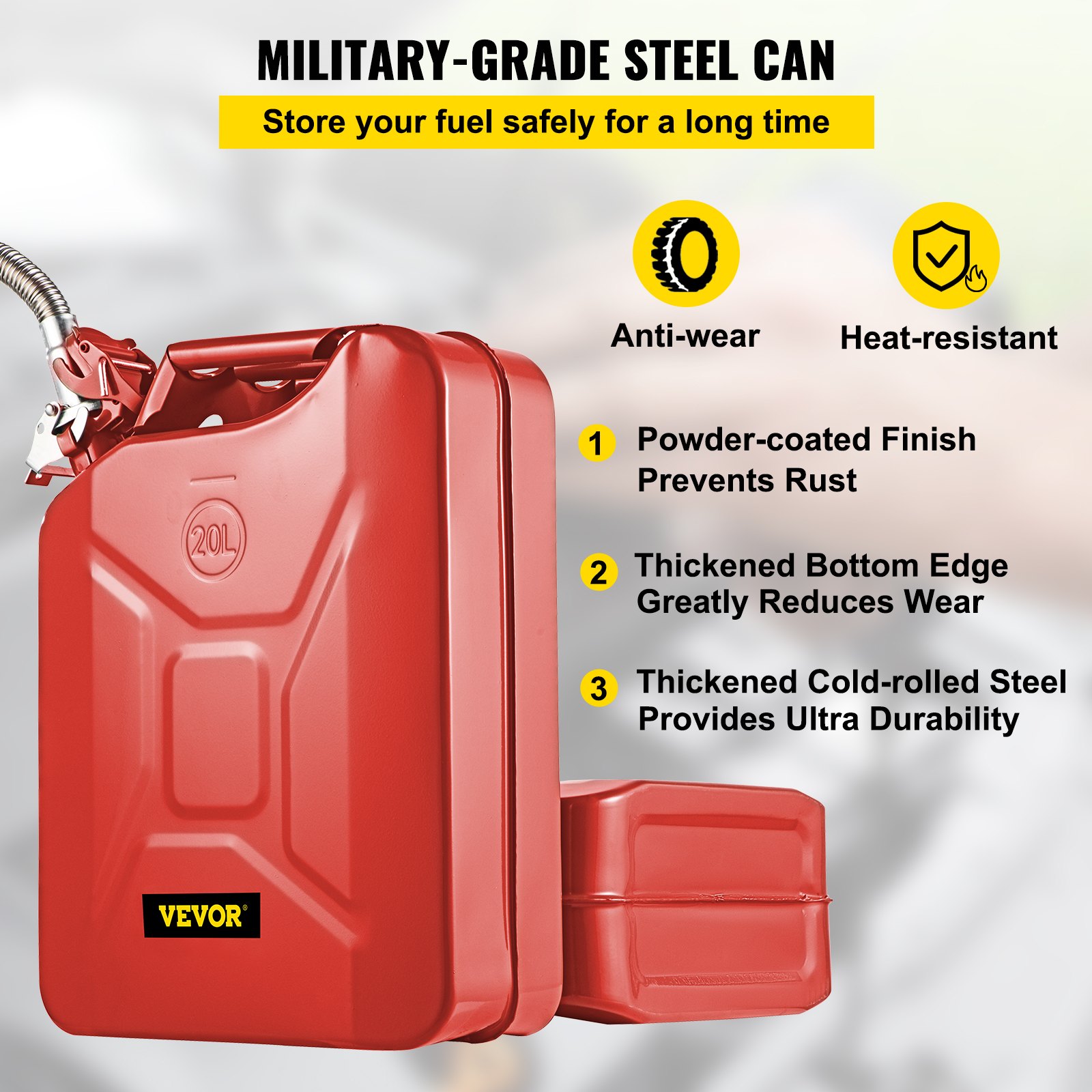 Bidón VEVOR rojo, 20 l, acero de grado militar, con recubrimiento en polvo, antidesgaste, resistente al calor, duradero.