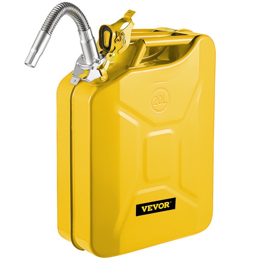 Bidón de combustible VEVOR amarillo, capacidad de 20 l, con pico metálico flexible y cierre de seguridad.