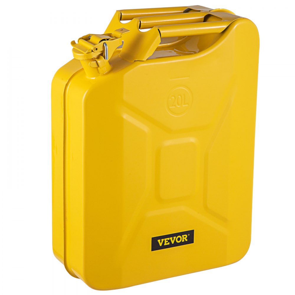 Bidón de combustible VEVOR amarillo de 20 l con asa resistente y mecanismo de bloqueo seguro.