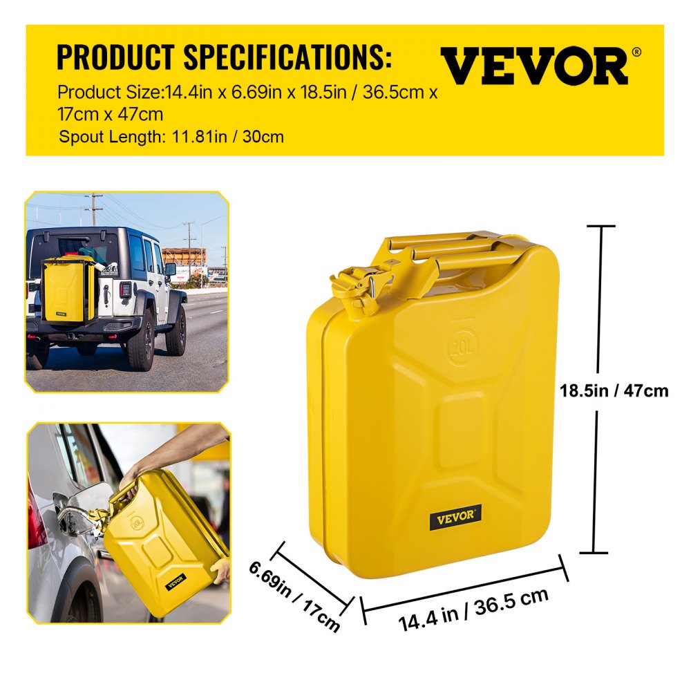 Bidón de combustible portátil VEVOR de 5,3 galones (20 L) con boquilla flexible, de acero inoxidable y resistente al calor, para coches, camiones y otros equipos, color amarillo