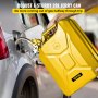 Recarga del coche con bidón de combustible amarillo VEVOR. El título dice: "Bidón robusto y resistente de 20 l".