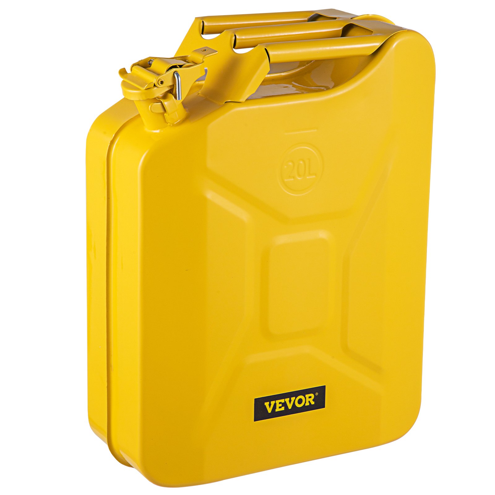 Bidón de combustible VEVOR amarillo de 20 l con asa resistente y mecanismo de bloqueo seguro.