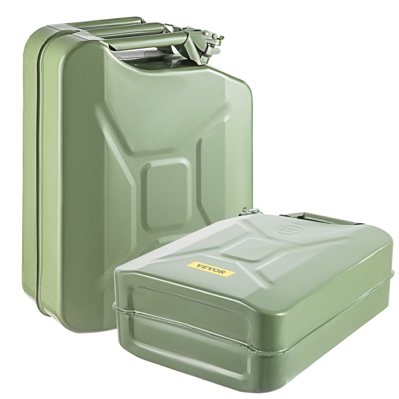 Bidón de combustible VEVOR verde con tapa segura, diseño duradero y forma compacta. Ideal para almacenar combustible.