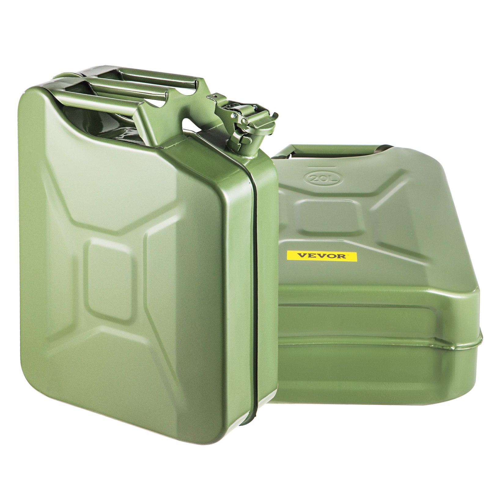 Bidón de combustible VEVOR verde, de 20 l de capacidad, con asa y pico seguros, expuesto junto a un segundo bidón.