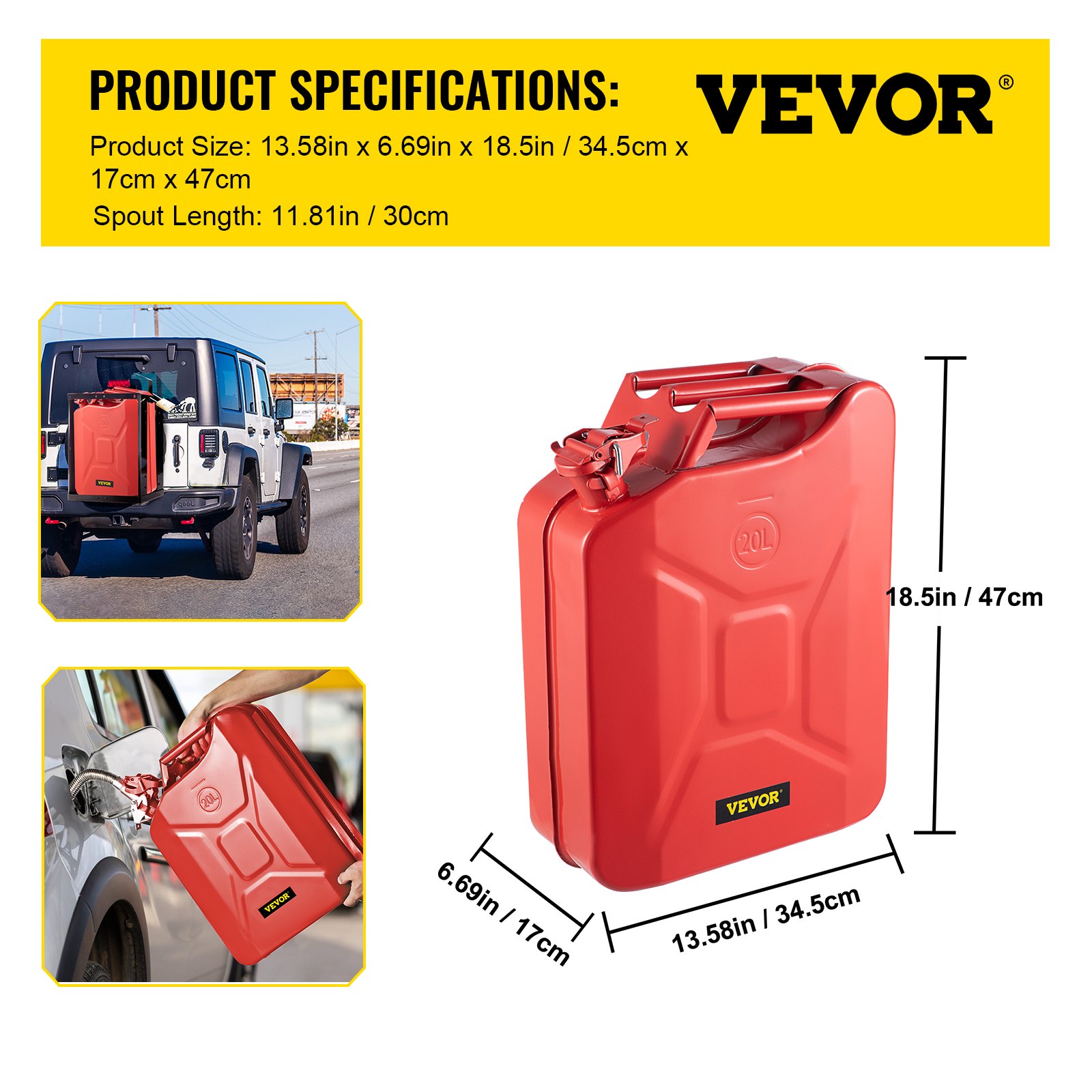 Dimensiones del bidón de combustible VEVOR, montaje en SUV, repostaje del vehículo. Diseño rojo robusto con tapa segura.