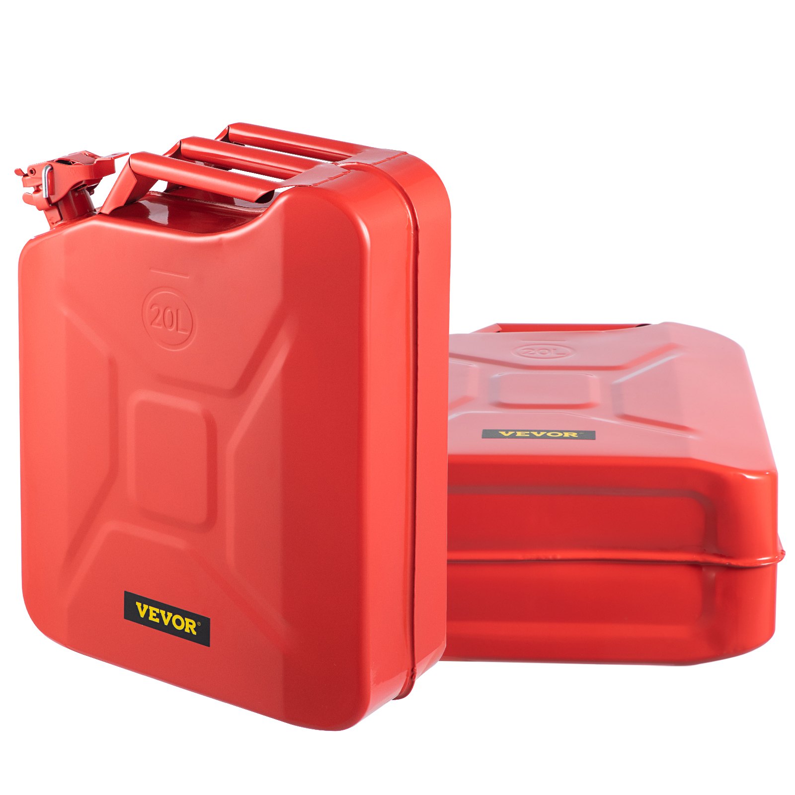 Bidón de combustible VEVOR rojo, capacidad de 20 l, dos latas una al lado de la otra con etiqueta de marca destacada.