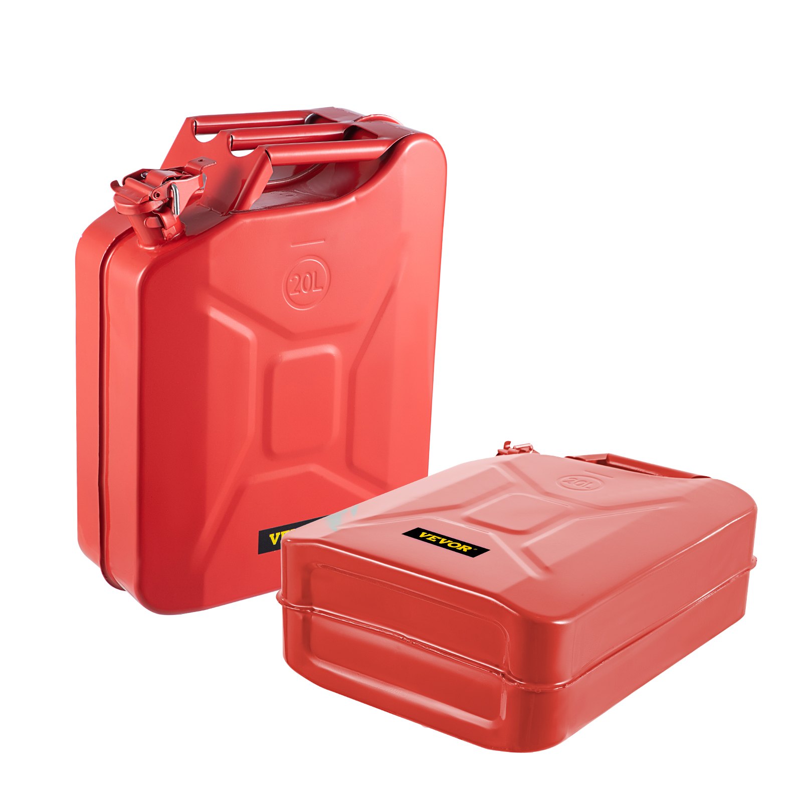 Bidón de combustible VEVOR rojo de 20 l con cierre seguro y asas ergonómicas, de pie y tumbado.