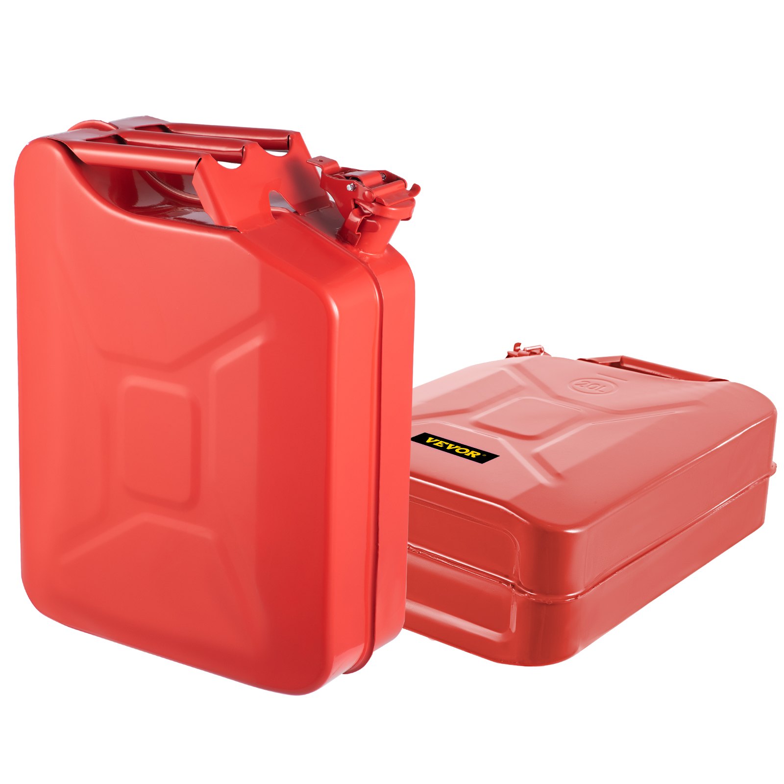 Bidón de combustible VEVOR de color rojo con tapa segura y asa ergonómica, con un diseño robusto y duradero.