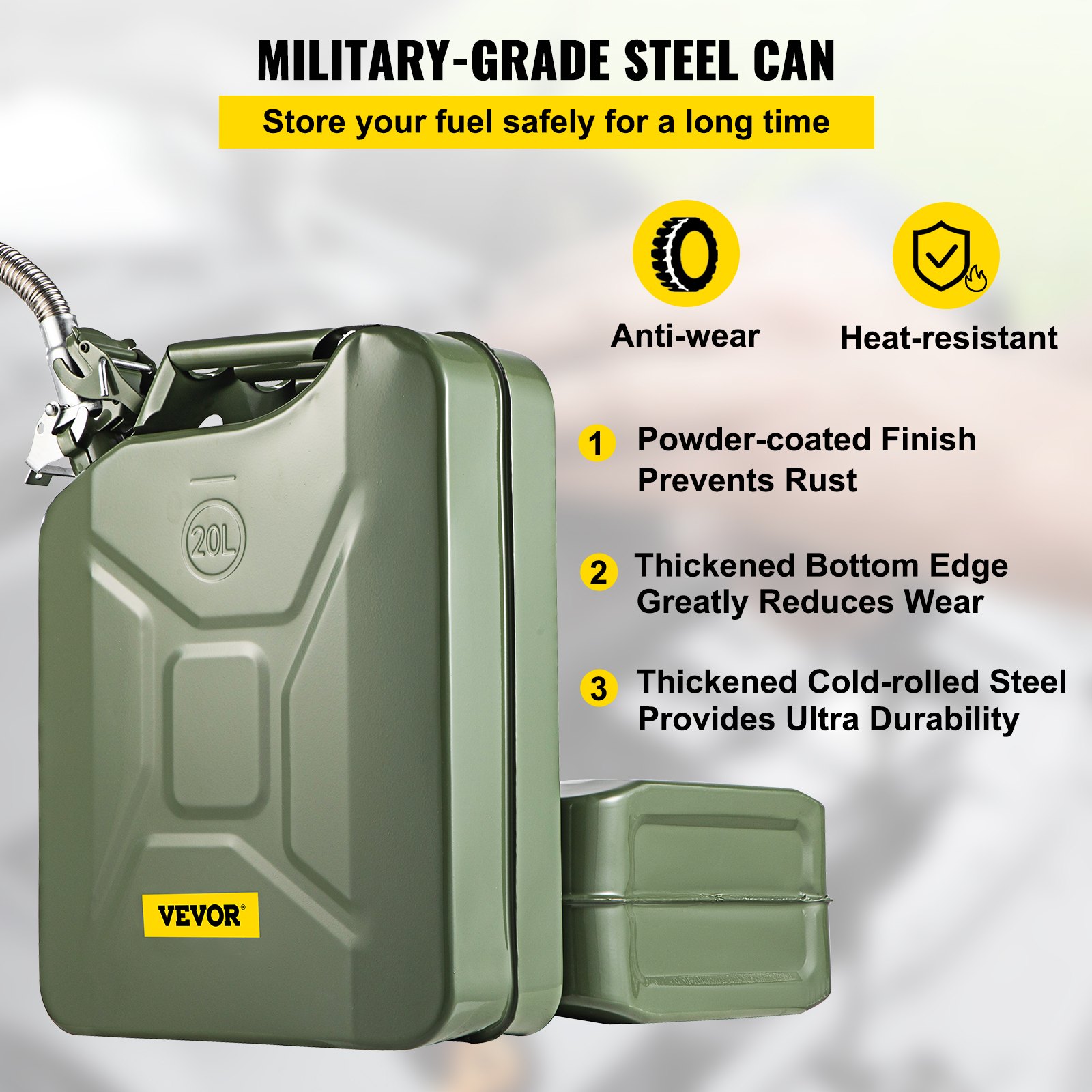 Bidón de combustible VEVOR de 20 l fabricado en acero de grado militar con acabado con recubrimiento en polvo para resistencia al calor y al desgaste.
