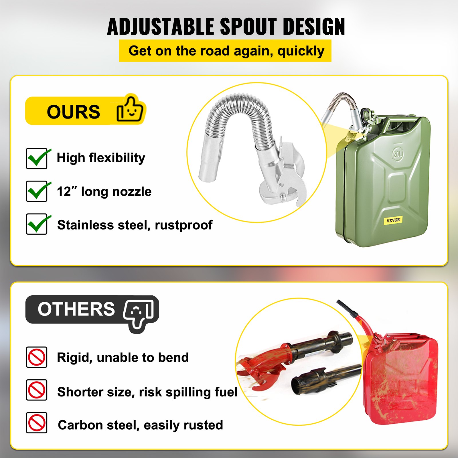 Bidón de combustible VEVOR con pico ajustable y flexible y boquilla de acero inoxidable a prueba de óxido.