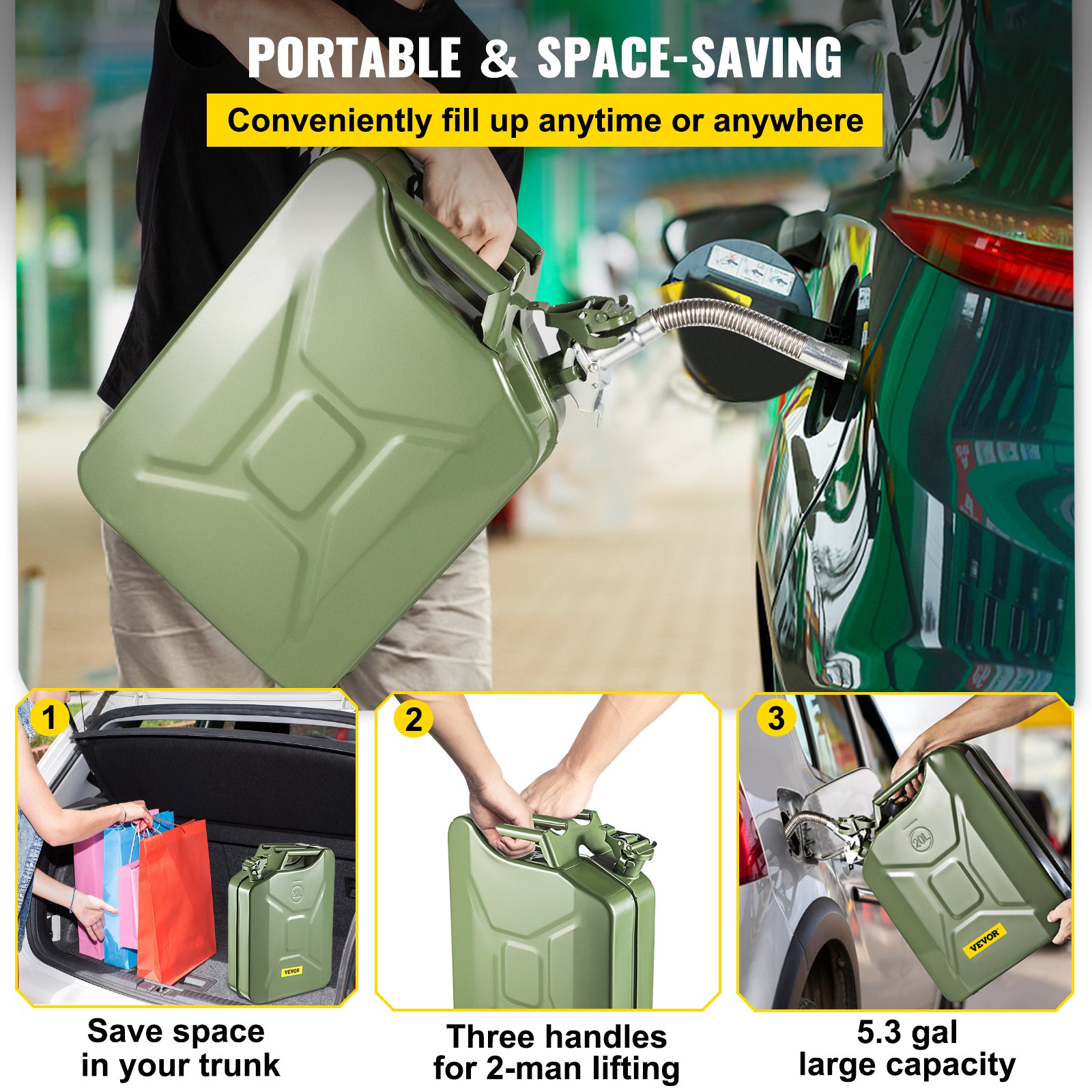 Bidón de combustible VEVOR, portátil, con tres asas, capacidad de 5,3 galones y diseño que ahorra espacio para baúles.