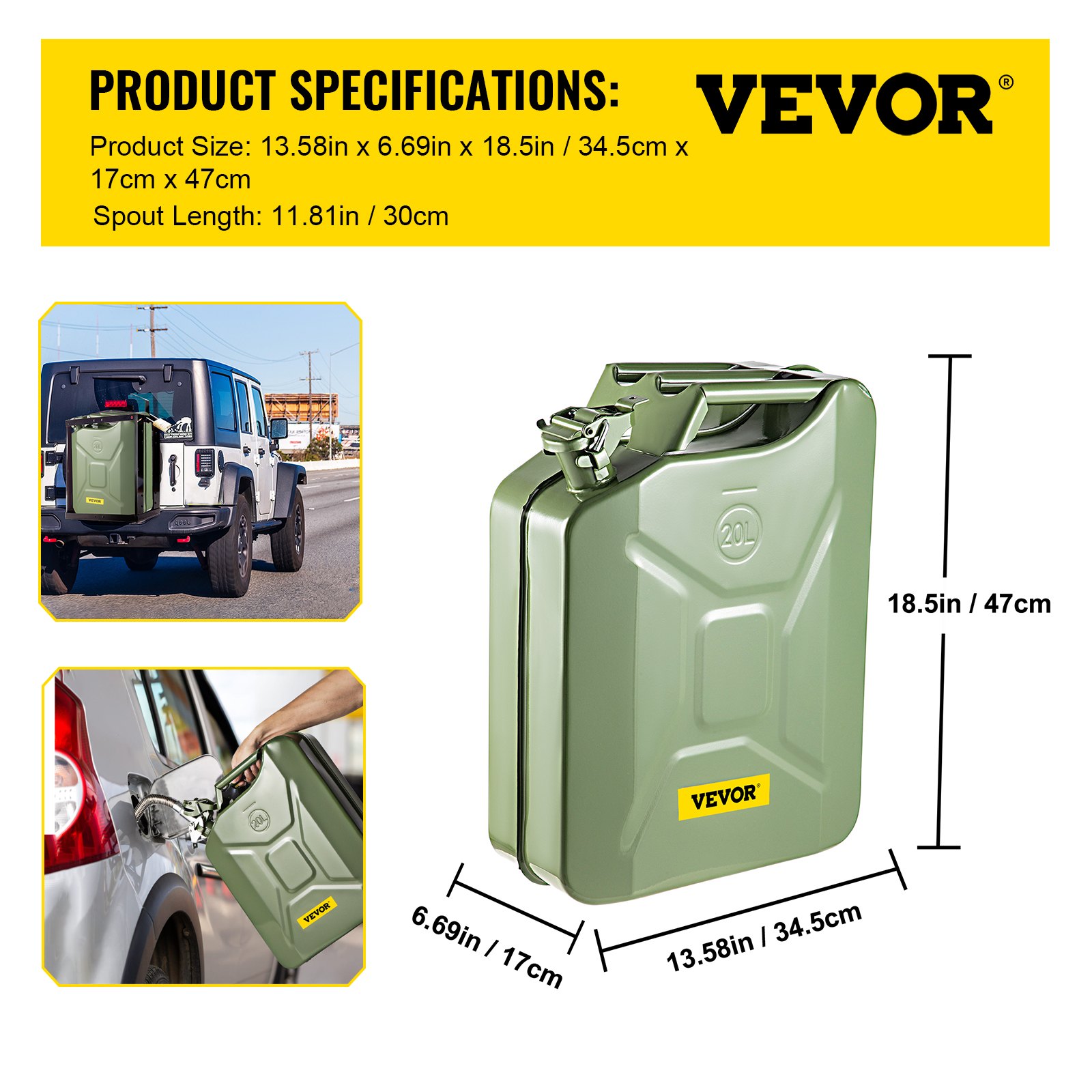 Bidón de combustible VEVOR con especificaciones del producto y usos en el vehículo y en el reabastecimiento de combustible.
