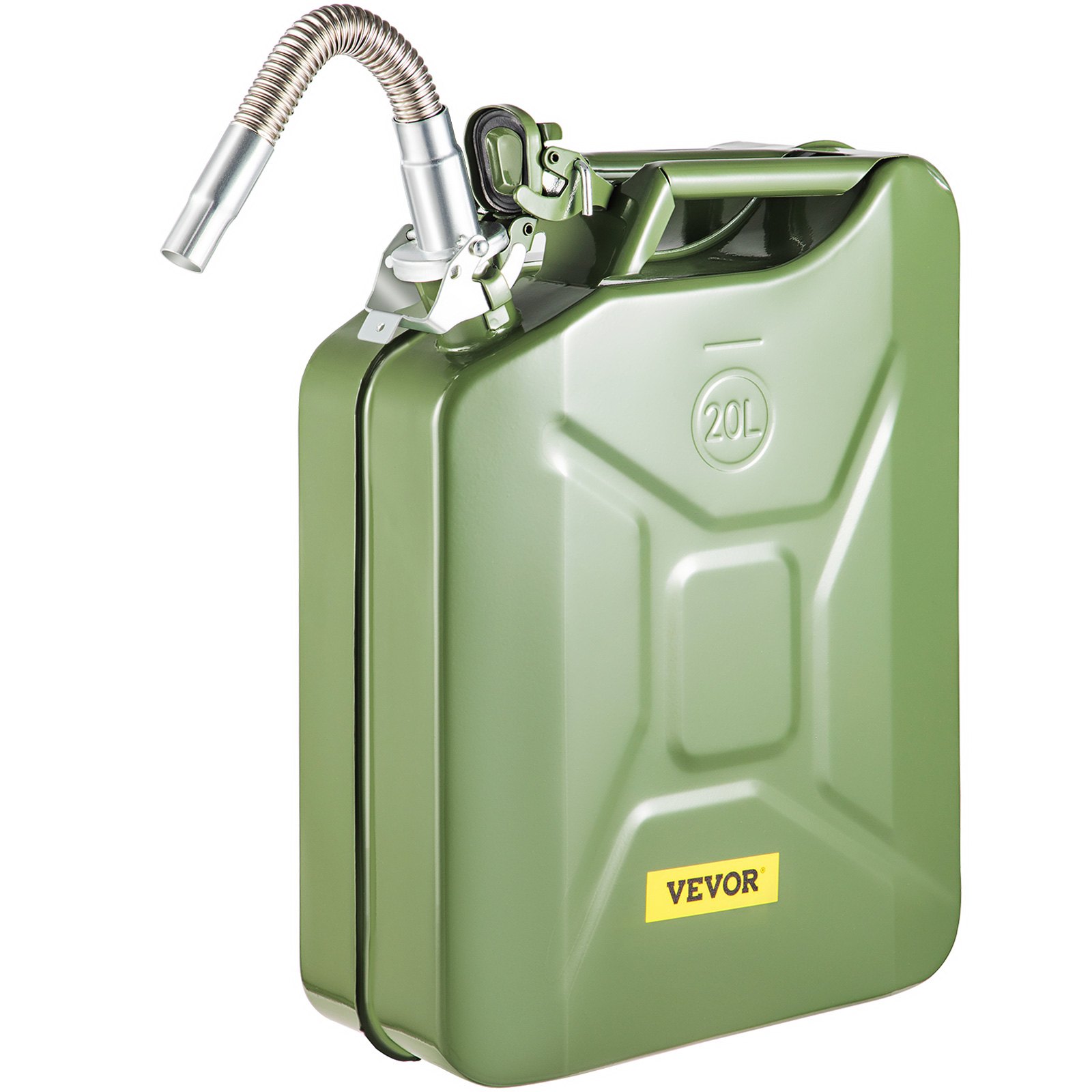 Bidón de combustible VEVOR, contenedor de metal verde de 20 l con pico flexible y asa resistente.