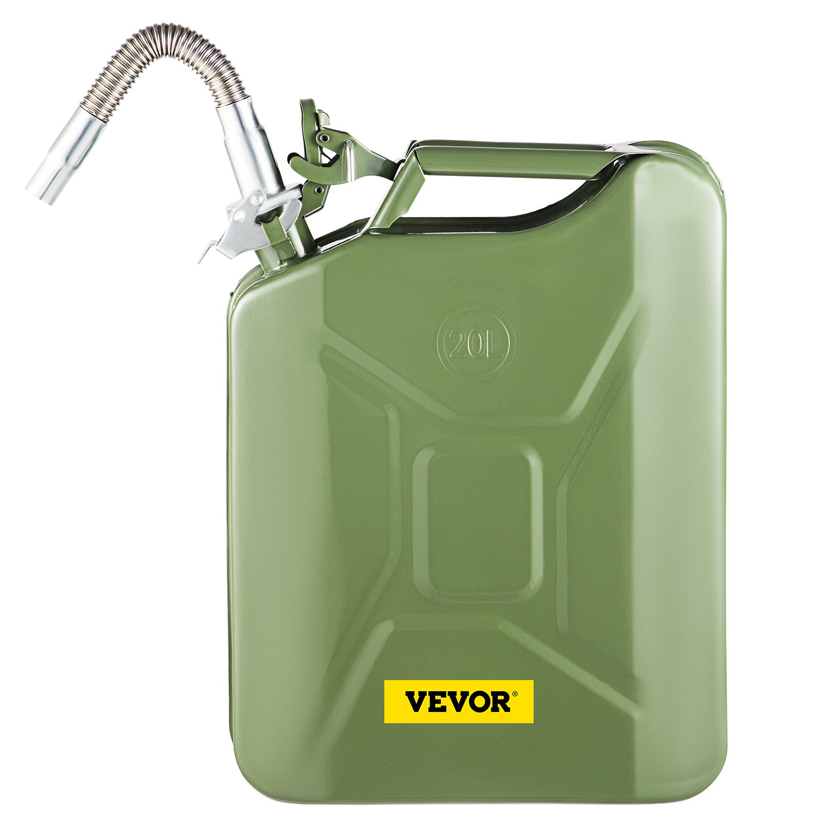 Bidón de combustible VEVOR verde de 20 l con pico flexible y tapa segura para almacenamiento y transporte de combustible.