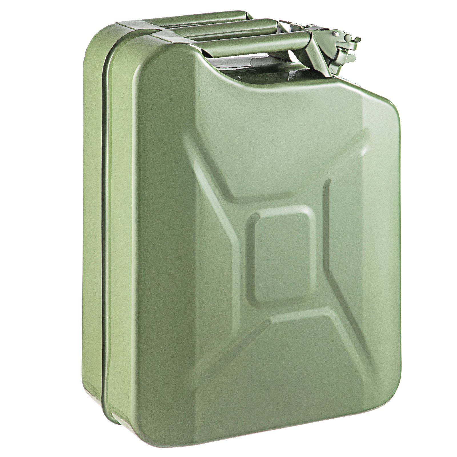 Bidón de combustible VEVOR de metal verde con asa y cierre metálicos seguros, adecuado para almacenar combustible.