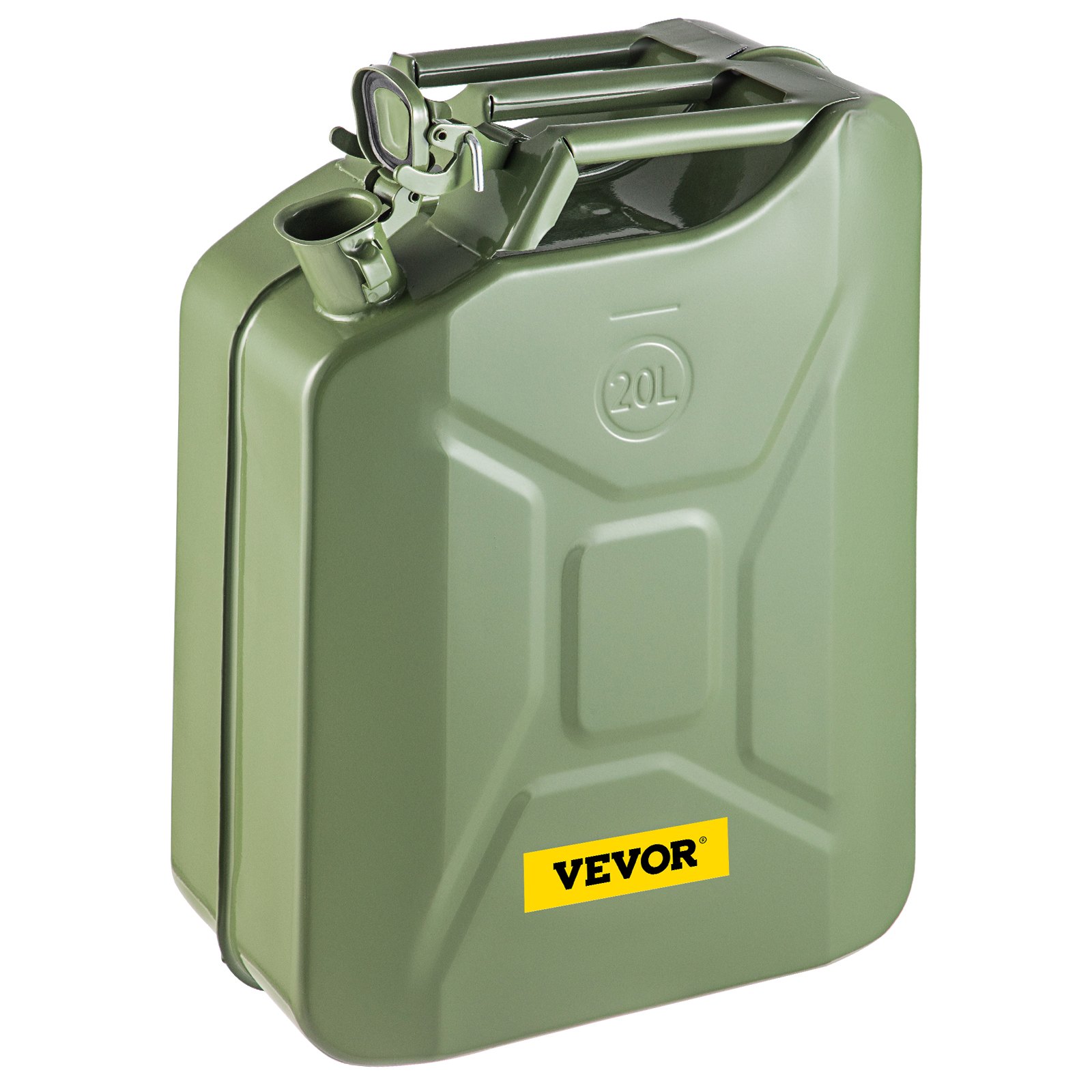 Bidón de combustible VEVOR verde de 20 l con logotipo amarillo, diseño robusto y pico seguro.