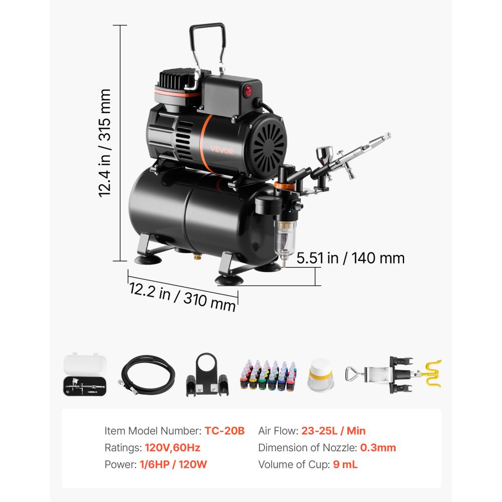 Kit de aerógrafo VEVOR de 1/6 HP con compresor y tanque, aerógrafo profesional de doble acción con boquilla, manguera, pintura acrílica y 2 ventiladores, para decoración de tartas, modelismo y manicura.