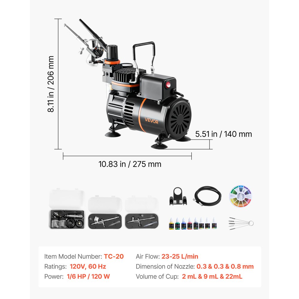 Kit de aerógrafo VEVOR de 1/6 HP con compresor, 3 aerógrafos profesionales de doble acción con 3 puntas, manguera, pintura acrílica, 2 ventiladores, silencioso, para decoración de tartas, modelismo y manicura.