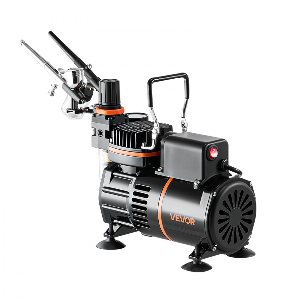 Kit de aerógrafo VEVOR de 1/6 HP con compresor, 3 aerógrafos profesionales de doble acción con 3 puntas, manguera, pintura acrílica, 2 ventiladores, silencioso, para decoración de tartas, modelismo y manicura.