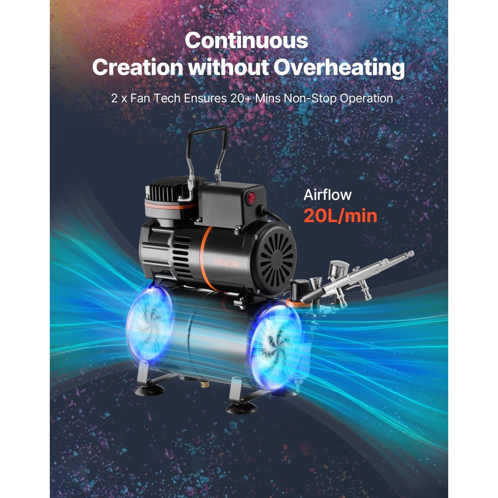 Kit de aerógrafo VEVOR de 1/6 HP con compresor y tanque, 3 aerógrafos profesionales de doble acción con 3 boquillas, manguera, pintura acrílica y 2 ventiladores para decoración de tartas, modelismo y manicura.
