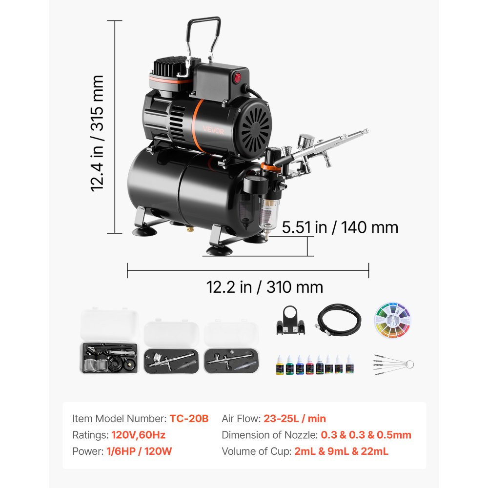 Kit de aerógrafo VEVOR de 1/6 HP con compresor y tanque, 3 aerógrafos profesionales de doble acción con 3 boquillas, manguera, pintura acrílica y 2 ventiladores para decoración de tartas, modelismo y manicura.