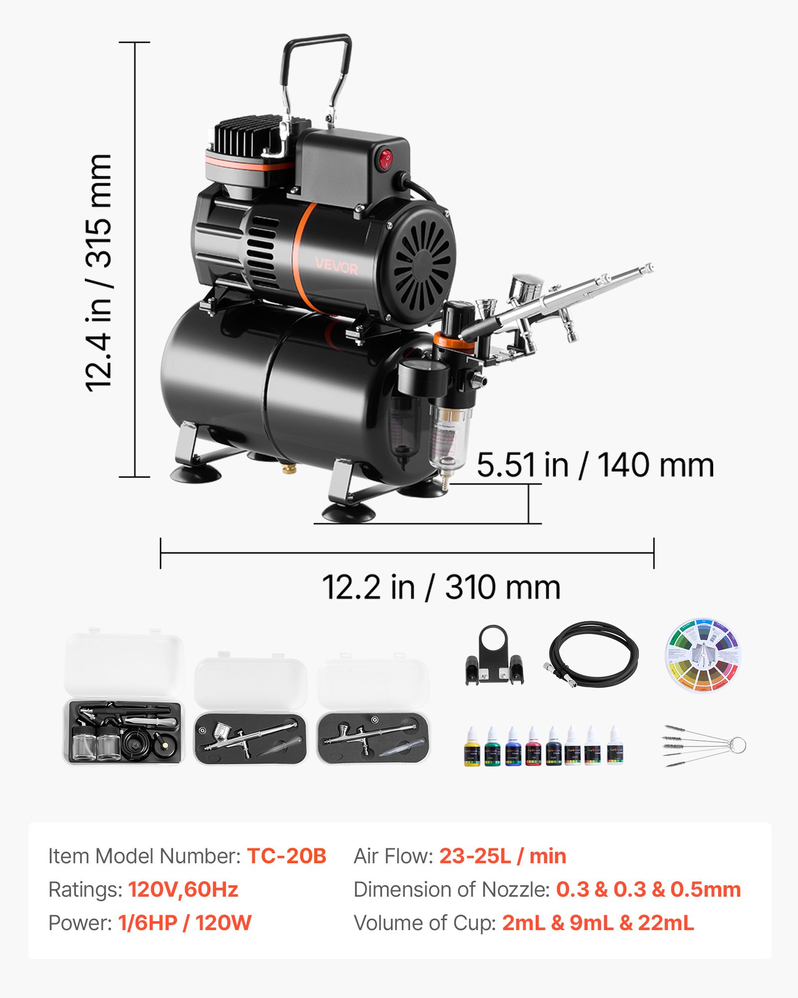 Kit de aerógrafo VEVOR de 1/6 HP con compresor y tanque, 3 aerógrafos profesionales de doble acción con 3 boquillas, manguera, pintura acrílica y 2 ventiladores para decoración de tartas, modelismo y manicura.