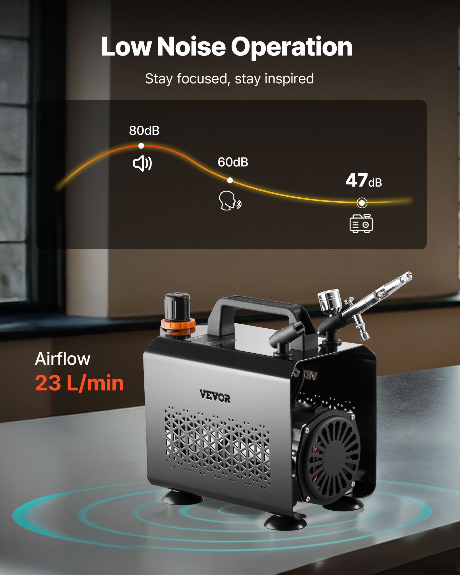 Kit de aerógrafo VEVOR de 1/6 HP con compresor de aire, aerógrafo profesional de doble acción con 3 puntas, manguera, pintura acrílica y pincel, silencioso, para decoración de tartas, modelismo y manicura.