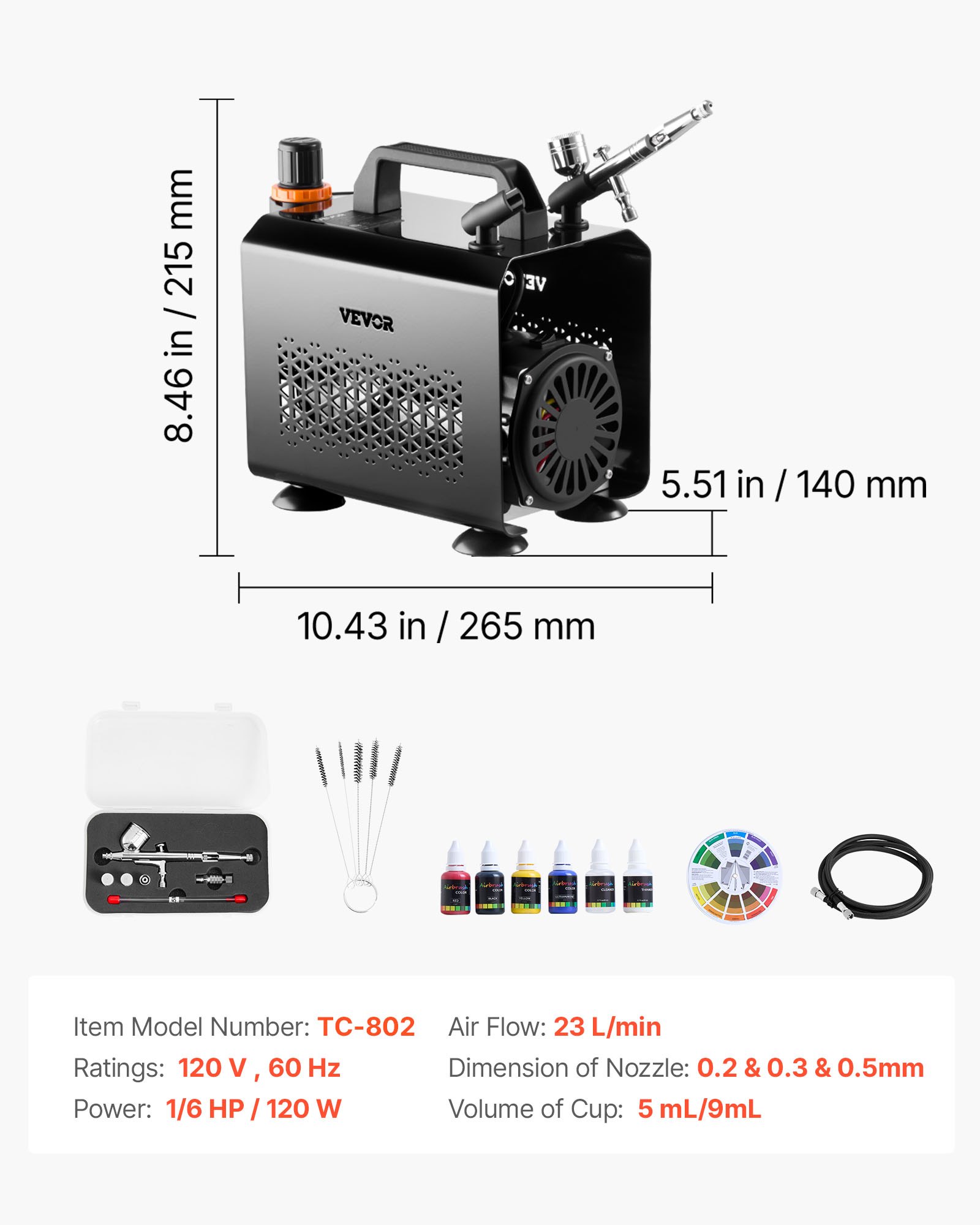 Kit de aerógrafo VEVOR de 1/6 HP con compresor de aire, aerógrafo profesional de doble acción con 3 puntas, manguera, pintura acrílica y pincel, silencioso, para decoración de tartas, modelismo y manicura.
