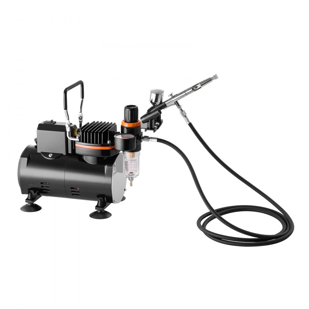 Kit de aerógrafo VEVOR de 1/6 HP con compresor de aire, aerógrafo profesional de doble acción con 3 puntas, manguera, soporte y kit de limpieza, silencioso, para decoración de tartas, modelismo y manicura.