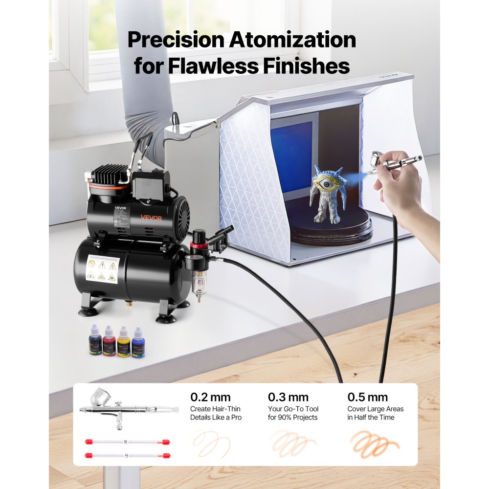 Kit de aerógrafo VEVOR de 1/6 HP con compresor y tanque, 1 aerógrafo profesional de doble acción con 3 puntas, pintura acrílica, bajo nivel de ruido, para decoración de pasteles, modelismo y manicura.