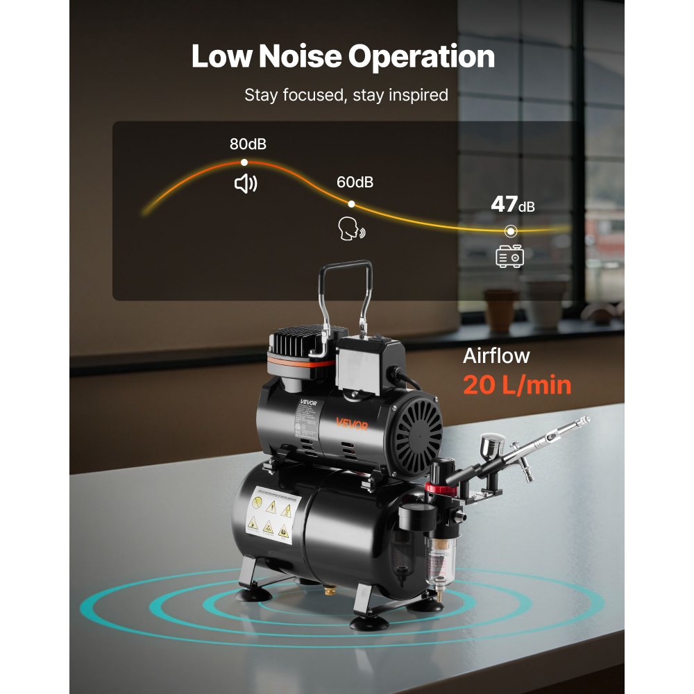 Kit de aerógrafo VEVOR de 1/6 HP con compresor y tanque, 1 aerógrafo profesional de doble acción con 3 puntas, pintura acrílica, bajo nivel de ruido, para decoración de pasteles, modelismo y manicura.