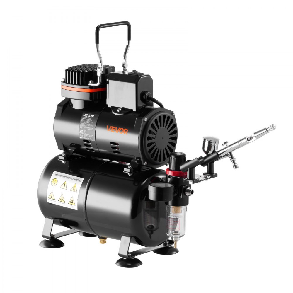 Kit de aerógrafo VEVOR de 1/6 HP con compresor y tanque, 1 aerógrafo profesional de doble acción con 3 puntas, pintura acrílica, bajo nivel de ruido, para decoración de pasteles, modelismo y manicura.