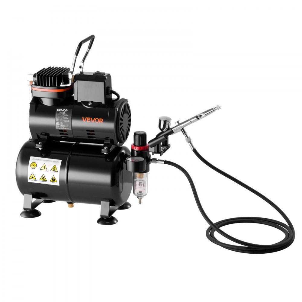 Kit de aerógrafo VEVOR de 1/6 HP con compresor y tanque, 1 aerógrafo profesional de doble acción con 3 puntas, pintura acrílica, bajo nivel de ruido, para decoración de pasteles, modelismo y manicura.