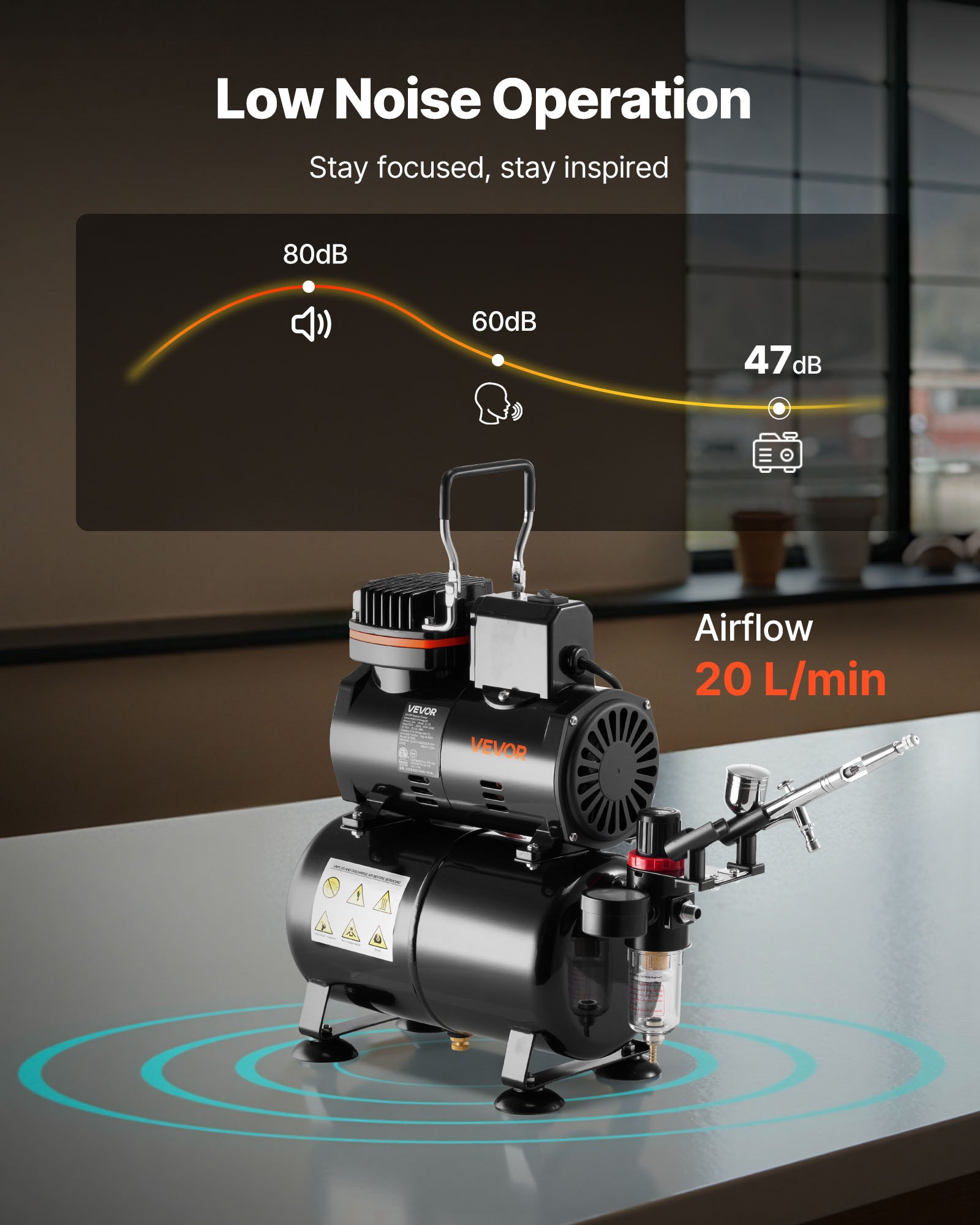 Kit de aerógrafo VEVOR de 1/6 HP con compresor y tanque, 1 aerógrafo profesional de doble acción con 3 puntas, pintura acrílica, bajo nivel de ruido, para decoración de pasteles, modelismo y manicura.