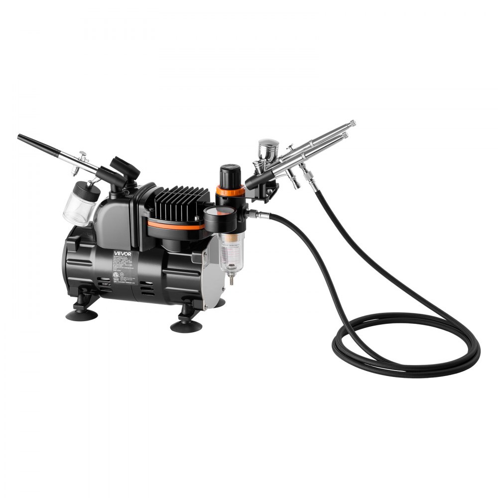 Kit de aerógrafo VEVOR de 1/6 HP con compresor, 3 aerógrafos profesionales de doble acción con 3 puntas, manguera, pintura acrílica y pincel, silencioso, para decoración de tartas, modelismo y manicura.