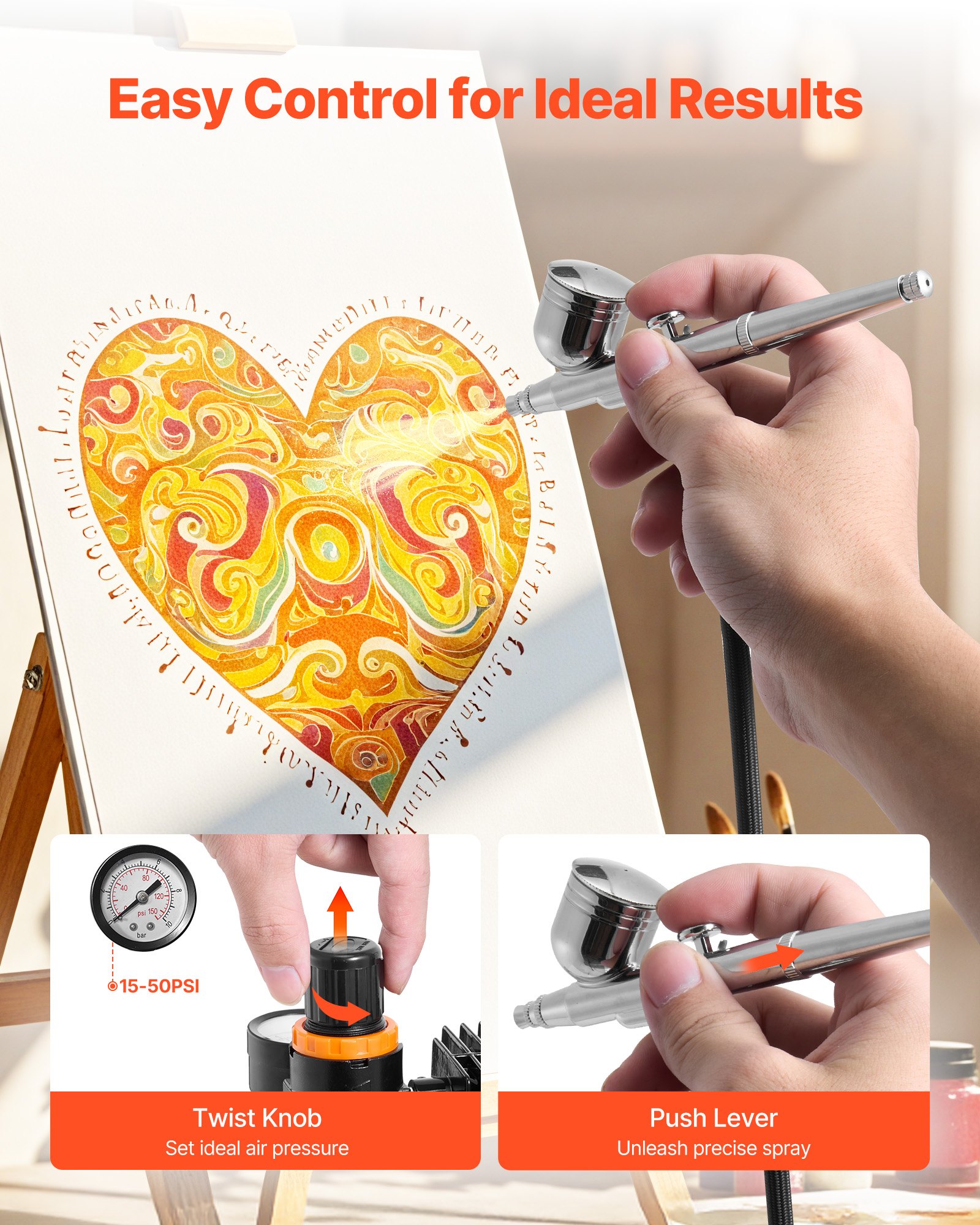 Kit de aerógrafo VEVOR de 1/6 HP con compresor, 3 aerógrafos profesionales de doble acción con 3 puntas, manguera, pintura acrílica y pincel, silencioso, para decoración de tartas, modelismo y manicura.